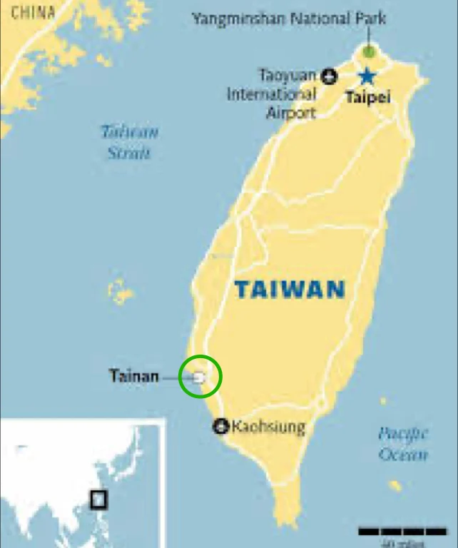 Map of Taiwan showing Taoyuan International Airport and Taipei in the north, Tainan circled in the south-west, and Kaohsiung below it